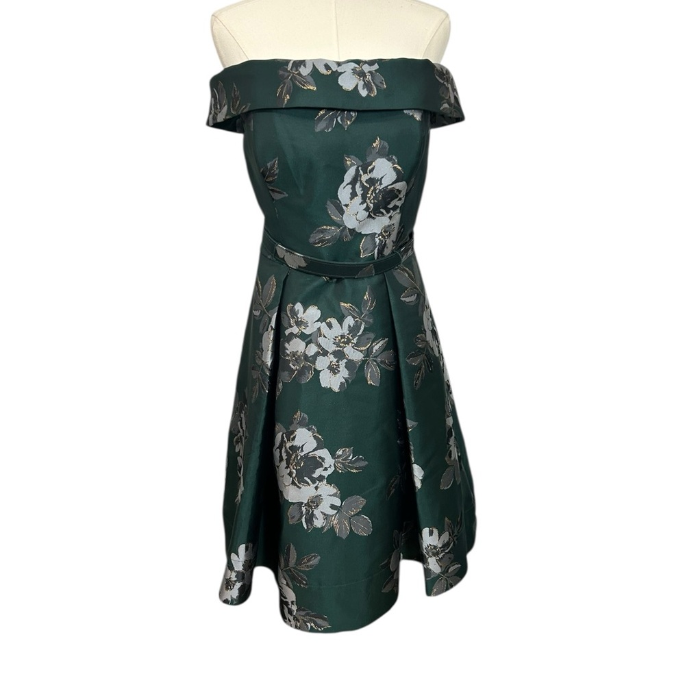 Eliza J Off the Shoulder Emerald Green Brocade Floral Belted Dress Sz 10 - Picture 3 of 16